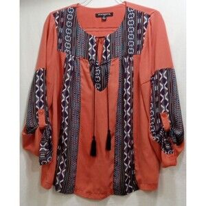 Sharagano BOHO Aztec Women's Medium Orange 3/4 Roll Tab Sleeve Tasseled LNC